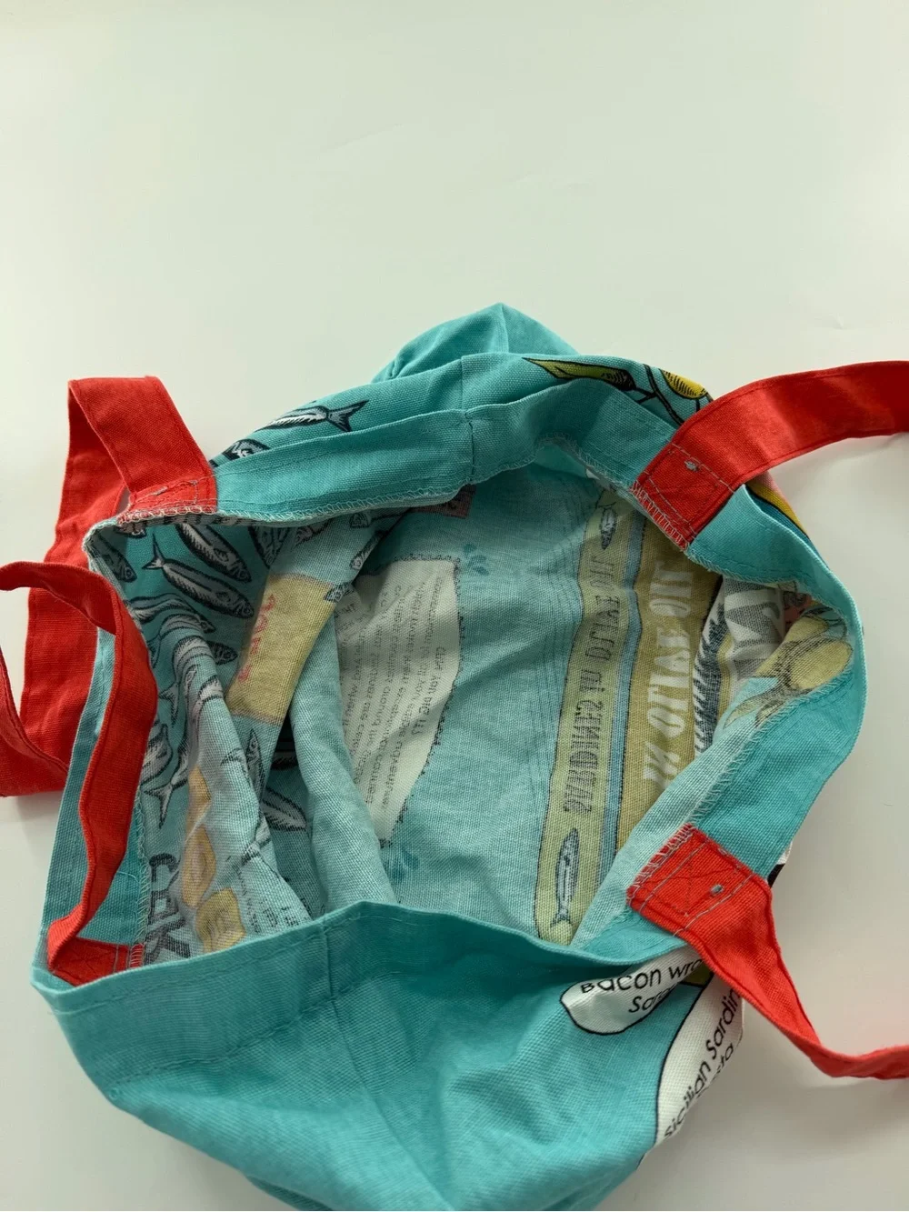 Trader Joe’s Canvas Tote Bag Grocery Sardines Trader Joe Blue Red Fish Fabric